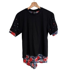 Rebel Minds Men’s black T Shirt shreds floral paint splatter pattern underlay S
